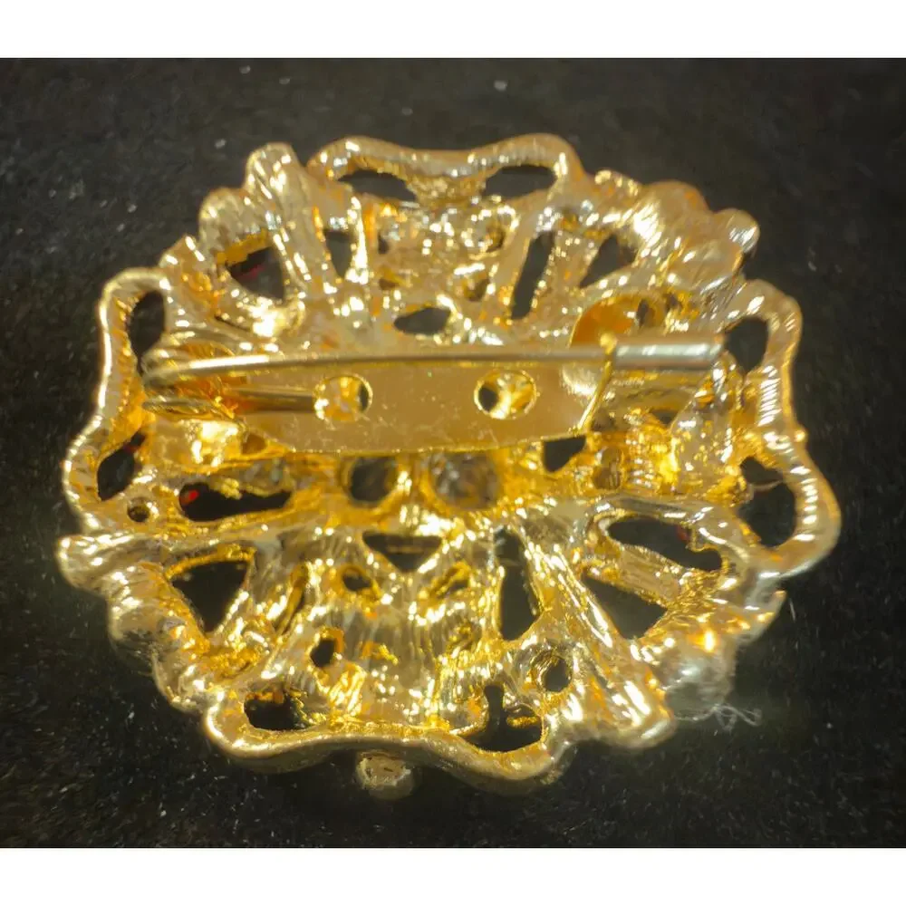 VTG Gold-Tone Ruby Red Rhinestone Floral Spray Brooch Berry Cluster Statement